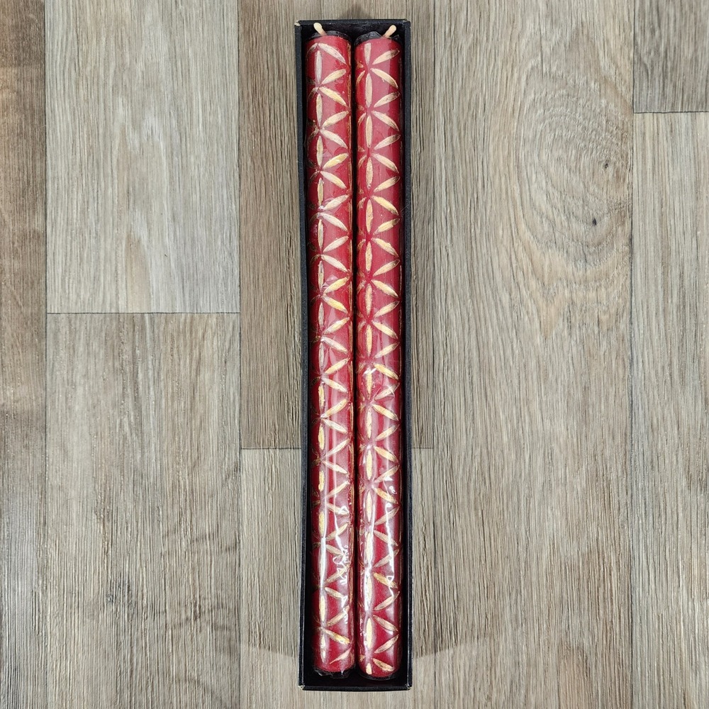 Et‎ Al Designs Red Gold Geometric Pattern Straight Candles Set of 2 Handcrafted